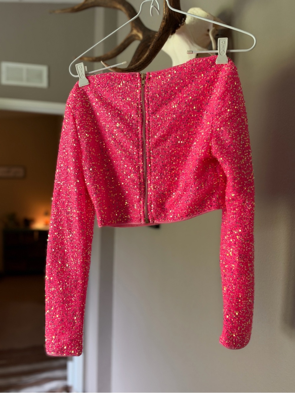 SHEIN Hot Pink Sequin Cropped Jacket with Back Zip
